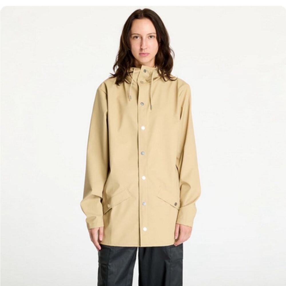 RAINS 12010 Hooded Rain Jacket Size Large in Sand Neutral Unisex Waterproof